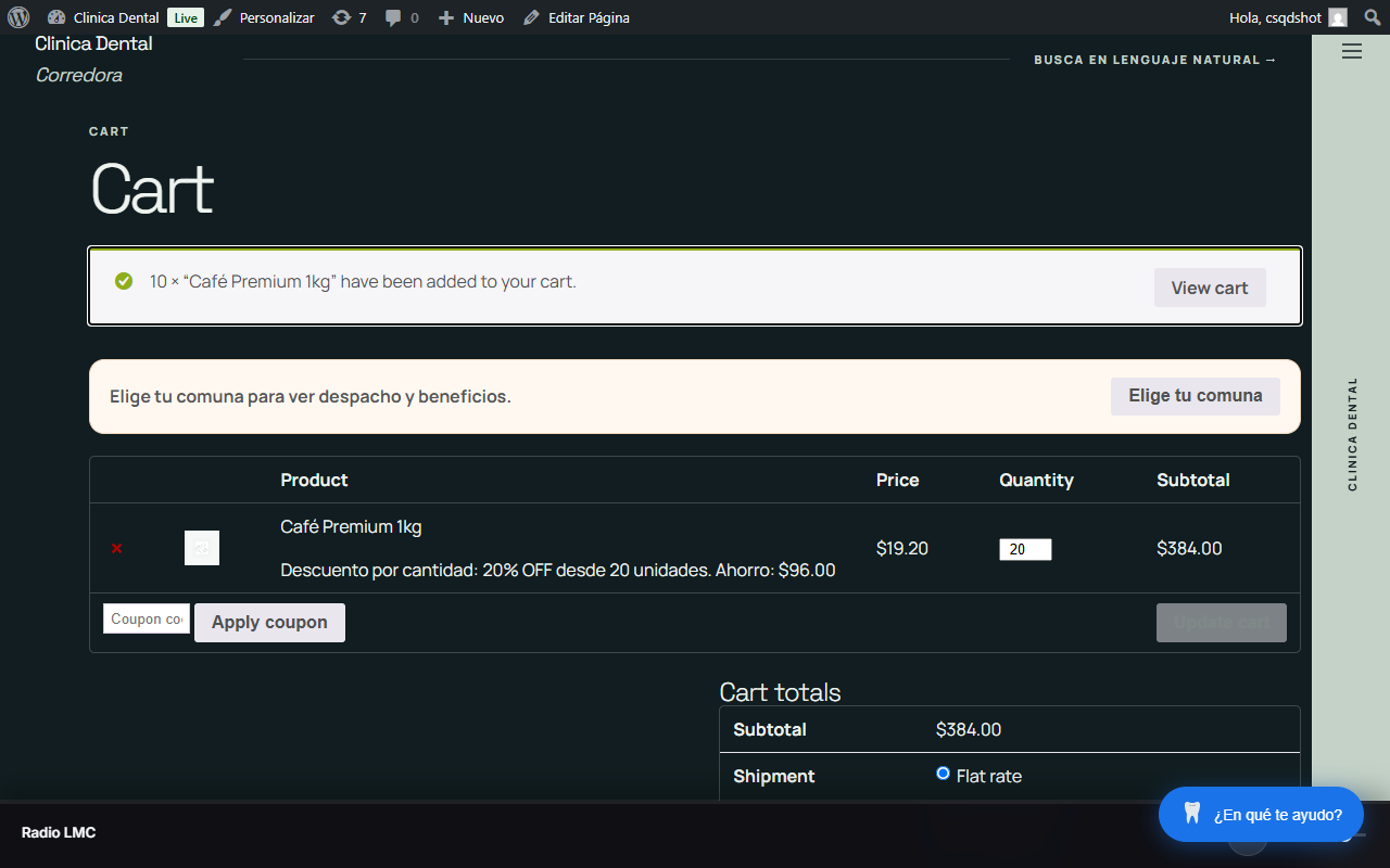 Cantidad Simple para WooCommerce — Carrito — descuento aplicado con etiqueta "X% OFF" y ahorro.